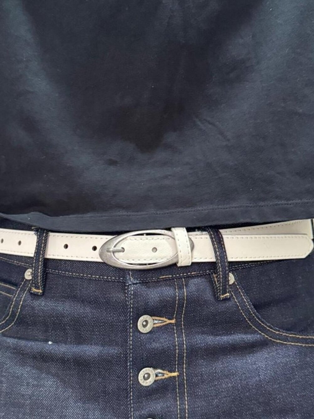 White Slim Boho Oval Buckle Belt